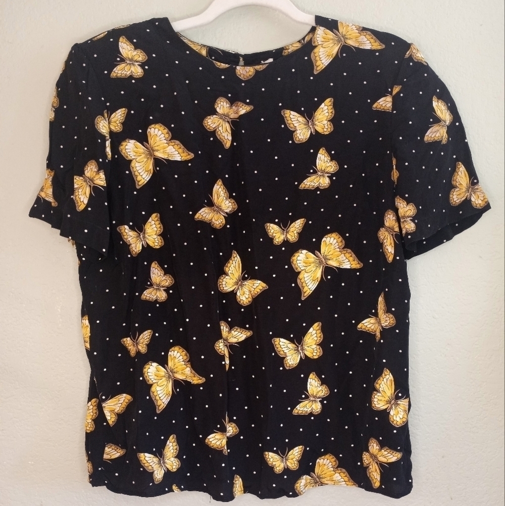 Vintage Norton McNaughton 80s Silky Butterfly Polka Dot Print Flowy Y2K Top